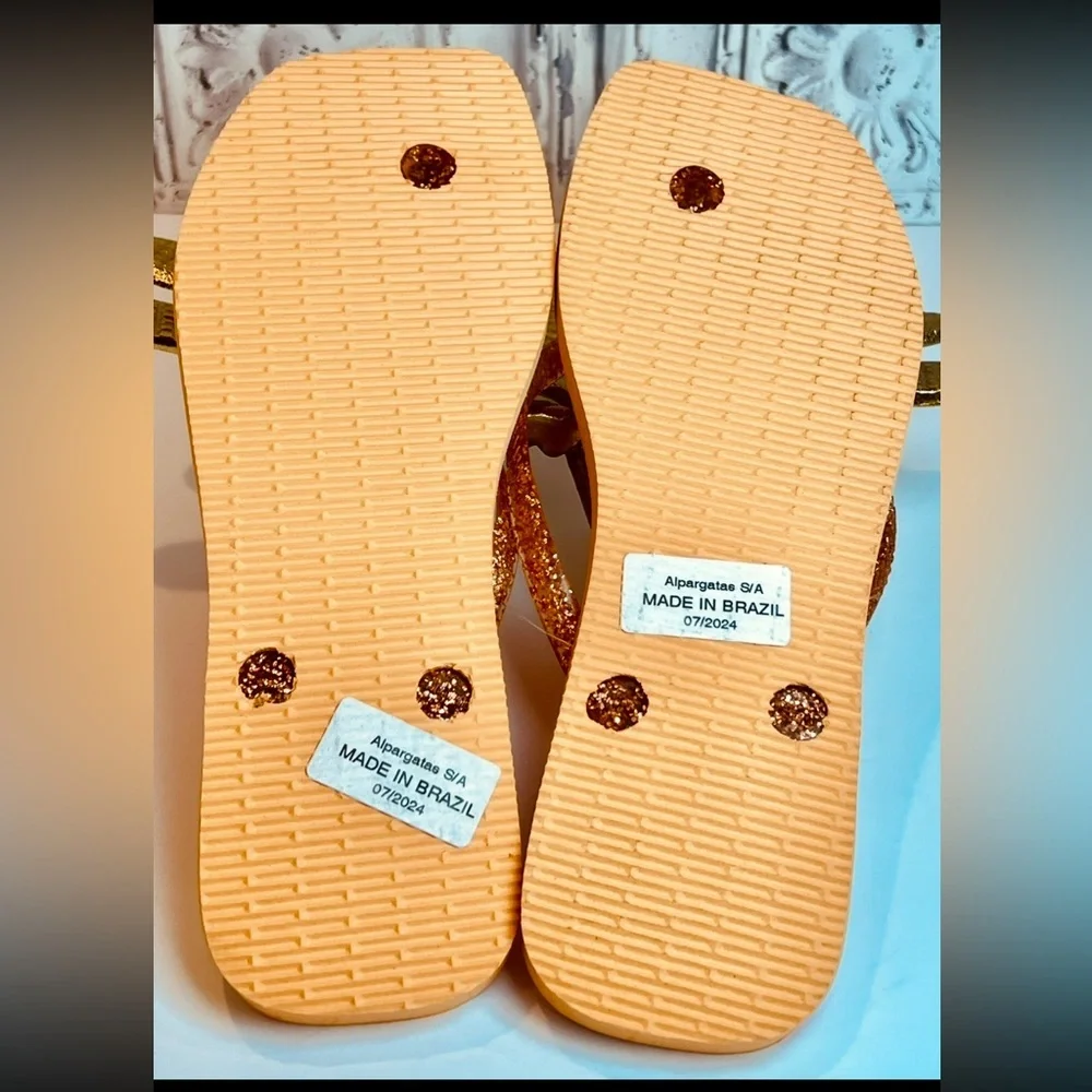 NWT Havaianas Slim Square Folia Flip Flops Glitter Striped Wom 9/10 Peach Orange - Picture 6 of 14